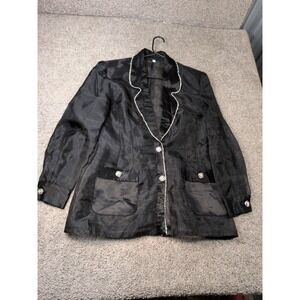 Solini‎ Vintage Black Sheer Evening Blazer Rhinestone Trim Rose Buttons Size 10